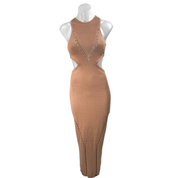 Michael Costello Tan Knit Sleeveless Cutout Waist Maxi Bodycon Dress Size S - Picture 1 of 4